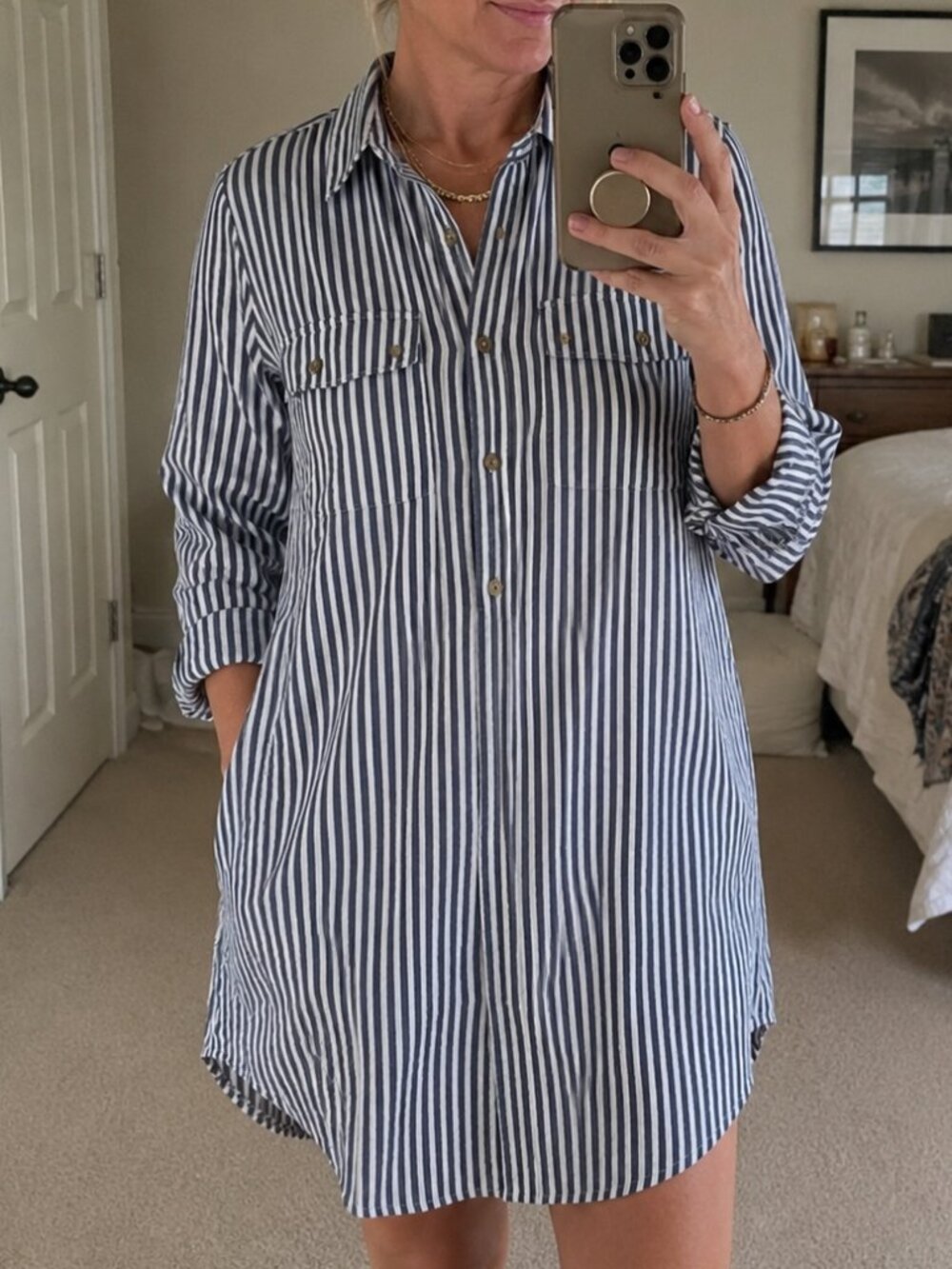 Michael Kors Striped Shirt Dress Blue White Gold Button Utility Midi Size M